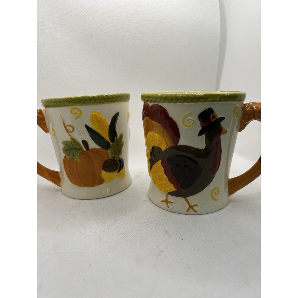 2 Pier 1 Imports Hand Painted Coffee Mug Cup Turkey Festive Holiday thanksgiving